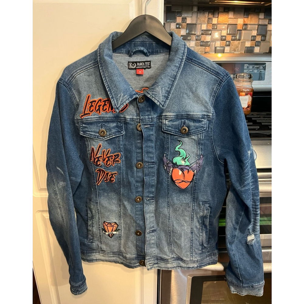 Black Pike Legends Never Die Patches Distressed Jean Denim Jacket